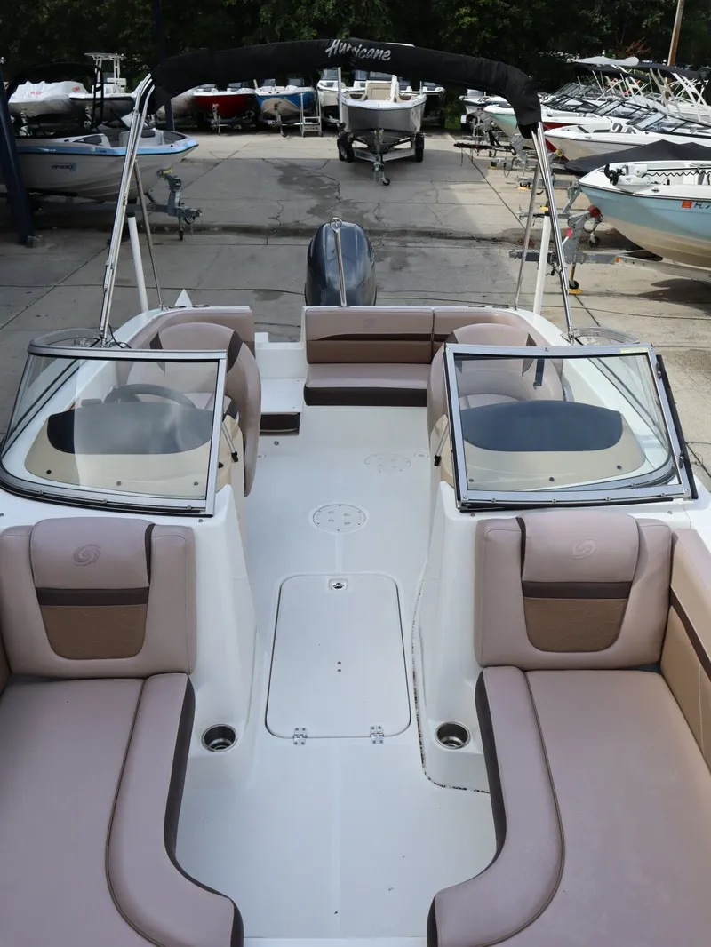 Slide: The Image of 2018 Hurricane SunDeck SD 191 OB boat with outdoor seating. - 21