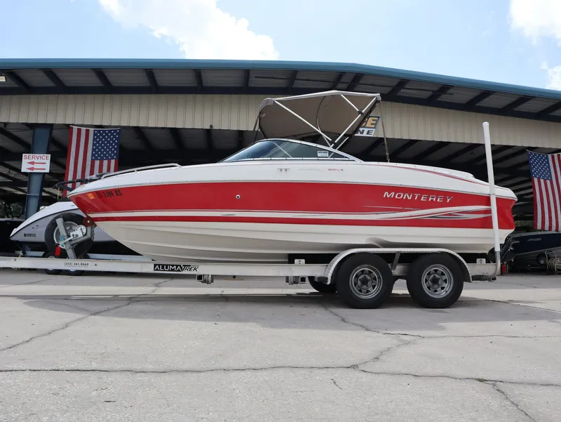 Slide: The Image of 2001 Monterey 200LS boat on trailer in front of workshop. - 2