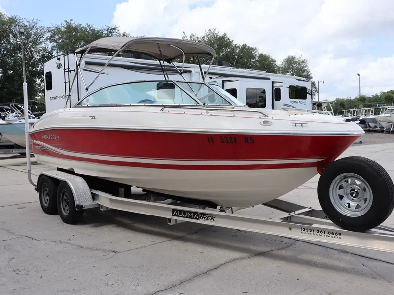 Slide: The Image of 2001 Monterey 200LS boat on trailer, red and white design. - 5