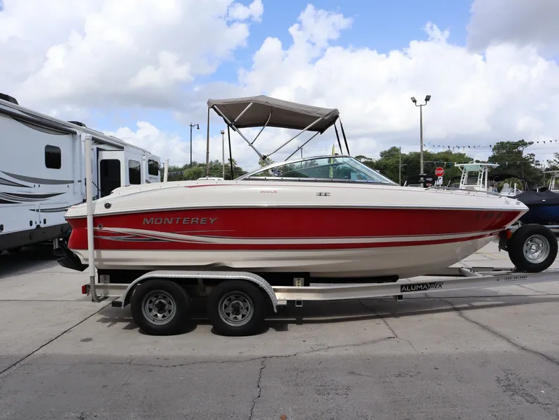 Slide: The Image of 2001 Monterey 200LS boat on trailer, red design. - 6