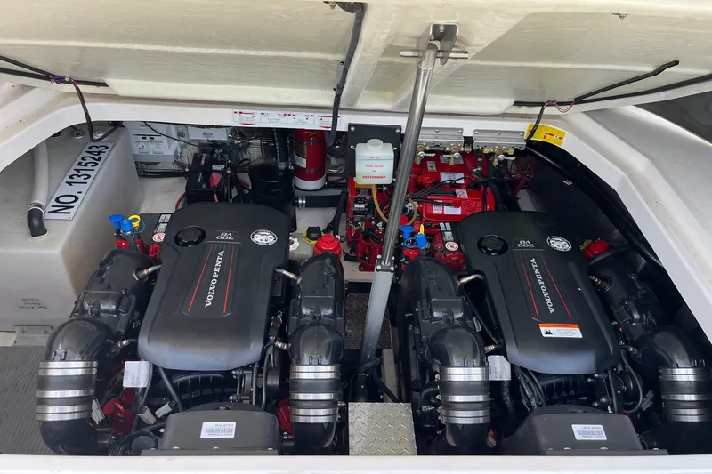 Slide: The Image of Engine compartment of a 2018 Regal 35 Sport Coupe with dual Volvo Penta engines. - 53