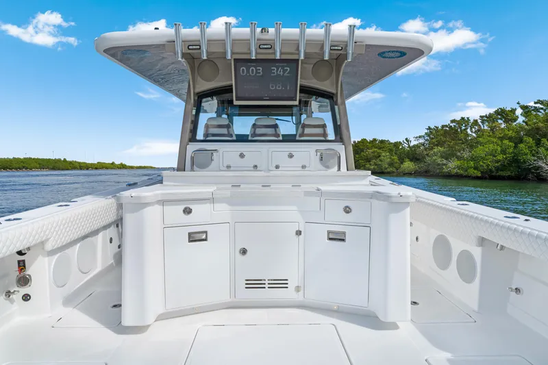 Slide: The Image of HCB 53 Suenos 2027 boat interior with sleek design and modern amenities on a sunny day. - 30