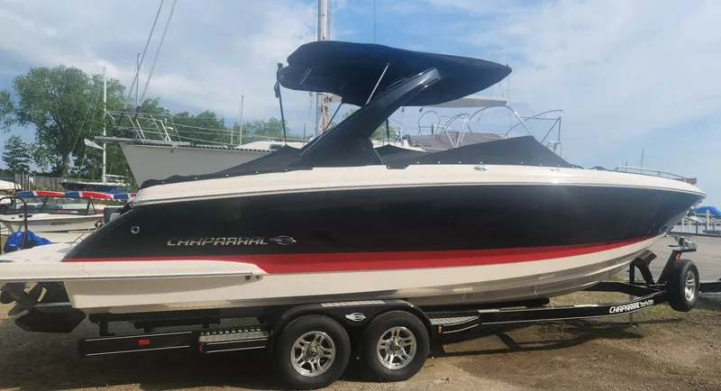 Slide: The Image of 2017 Chaparral 287 SSX boat on trailer outdoors. - 2