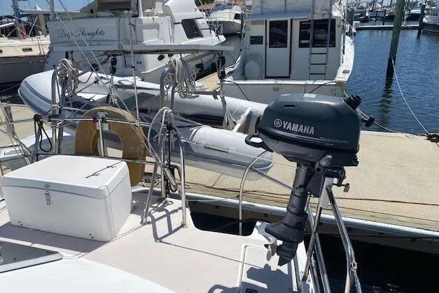 Slide: The Image of 2003 Morgan/Catalina 381 CC yacht docked with Yamaha outboard motor. - 35