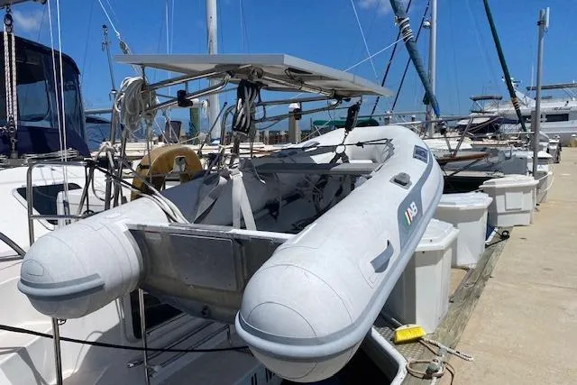 Slide: The Image of Inflatable dinghy on a 2003 Morgan/Catalina 381 CC yacht at a marina. - 40
