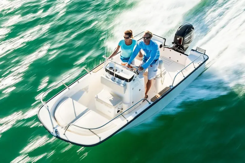 The Image of Manufacturer Provided Image: 2019 Boston Whaler 150 Montauk boat cruising on water with two passengers. - 0