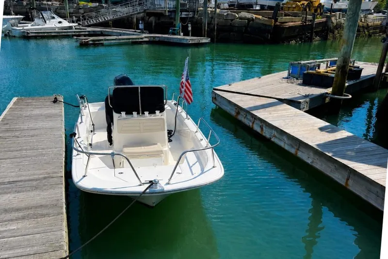 Slide: The Image of 2019 Boston Whaler 150 Montauk docked in a marina with clear blue water. - 23
