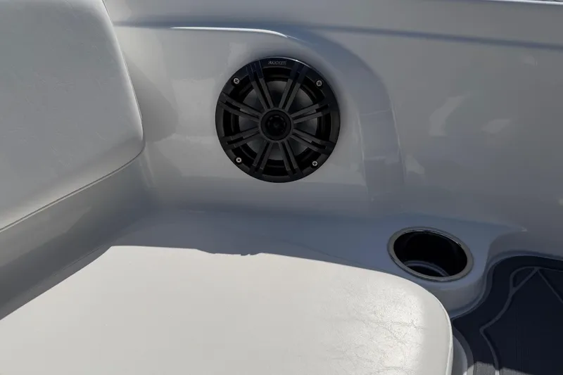 Slide: The Image of Boat interior with speaker and cup holder, Tahoe 1950 model, 2021. - 59