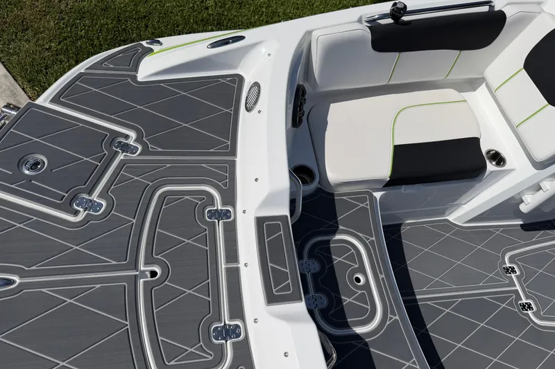 Slide: The Image of Modern Tahoe 1950 boat interior with sleek gray flooring and comfortable seating, 2021 model. - 68
