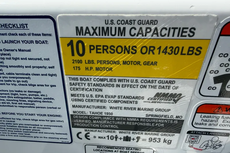 Slide: The Image of Boat capacity label for Tahoe 1950, 2021 model, showing maximum 10 persons or 1430 lbs. - 42