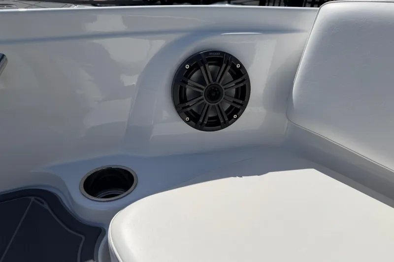 Slide: The Image of Boat interior with speaker and cup holder, Tahoe 1950 model, 2021. - 60