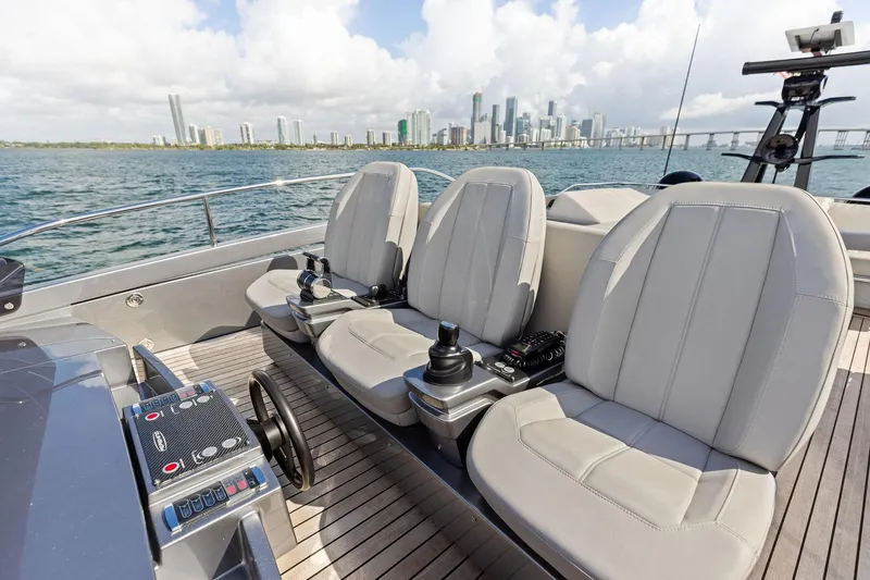 Slide: The Image of Luxury seating on 2021 Pershing 8X yacht with city skyline in background. - 23
