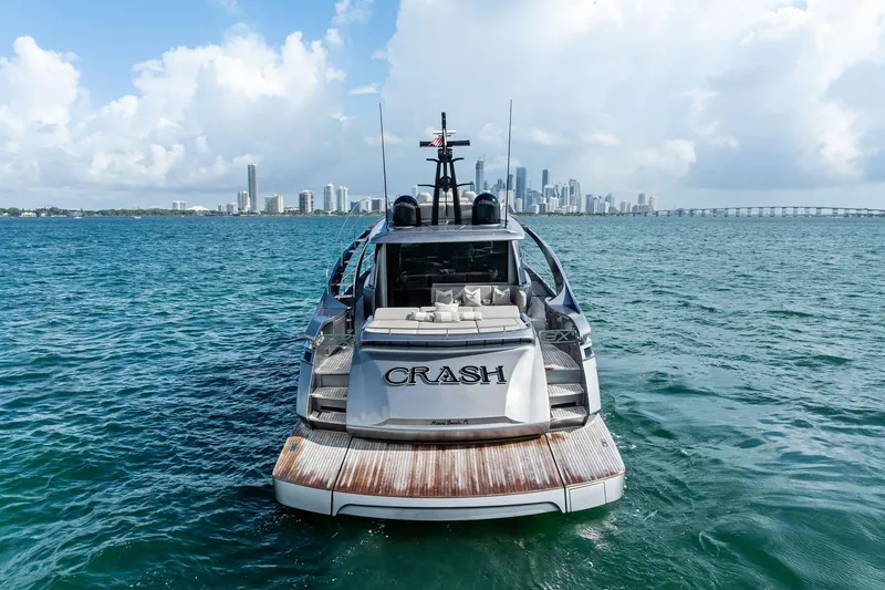 Slide: The Image of Luxury Pershing 8X yacht on ocean with city skyline in background, 2021 model. - 4