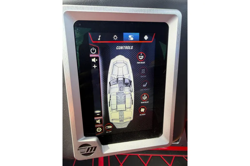 Slide: The Image of Touchscreen control panel of a 2021 Malibu M220 boat, displaying various system settings. - 26
