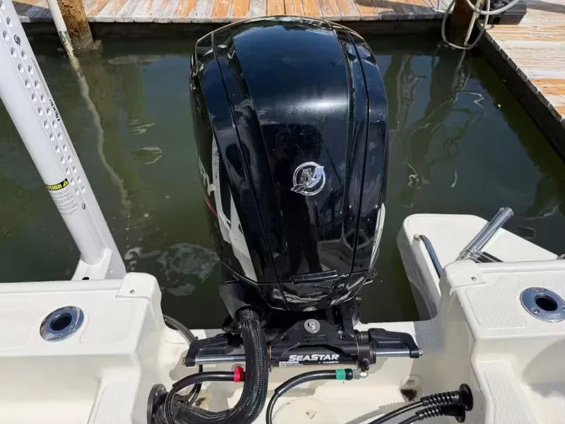 Slide: The Image of 2024 Boston Whaler 17 Montauk with outboard motor at dock. - 5