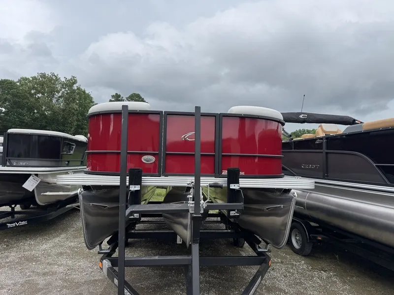 Slide: The Image of Red 2026 Crest SE Cruise 220 pontoon boat on trailer. - 3
