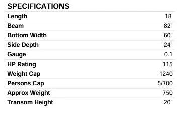 Slide: The Image of SeaArk Shadow 18 2026 specifications: Length 18', Beam 82', HP Rating 115. - 12