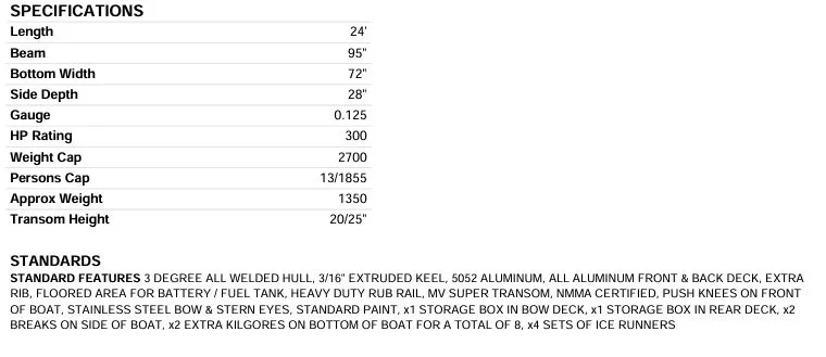Slide: The Image of SeaArk 2472 Workhorse 2025: Specifications and standard features of the aluminum boat. - 8