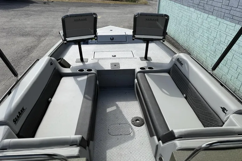 Slide: The Image of Interior of SeaArk Easy 200 boat, 2026 model, featuring gray seating. - 8