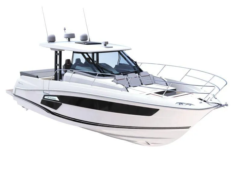 Slide: The Image of 2024 Jeanneau Leader 12.5 WA boat, sleek design, white hull, modern features. - 19