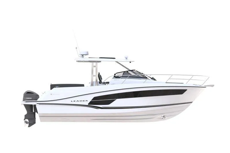 Slide: The Image of 2024 Jeanneau Leader 12.5 WA boat, sleek design, side view, white hull, modern features. - 20