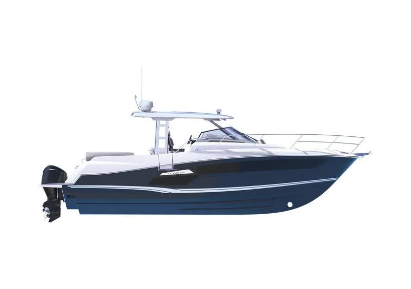 Slide: The Image of 2024 Jeanneau Leader 12.5 WA boat, sleek design, side view, blue and white exterior. - 21