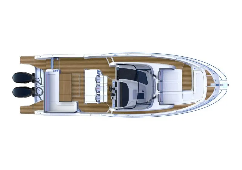 Slide: The Image of Top view of 2024 Jeanneau Leader 12.5 WA boat layout with twin engines. - 22