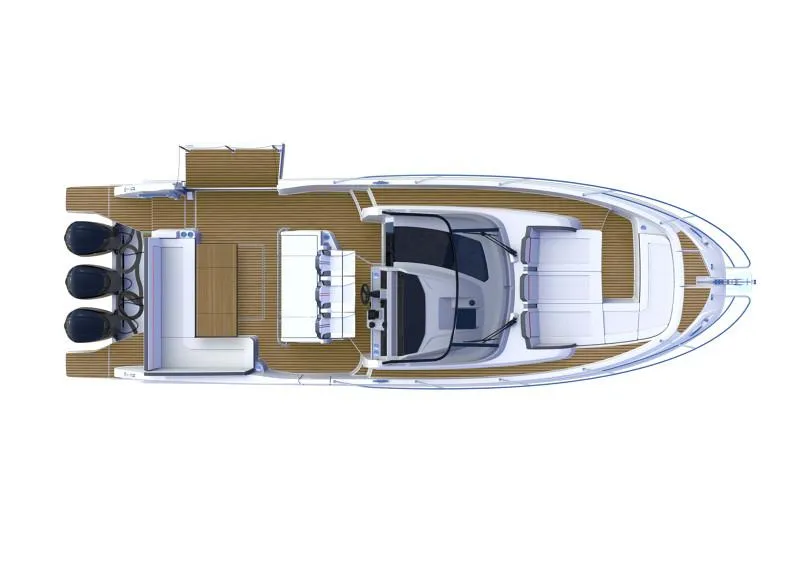 Slide: The Image of 2024 Jeanneau Leader 12.5 WA boat layout, top view, featuring spacious deck and triple engines. - 23