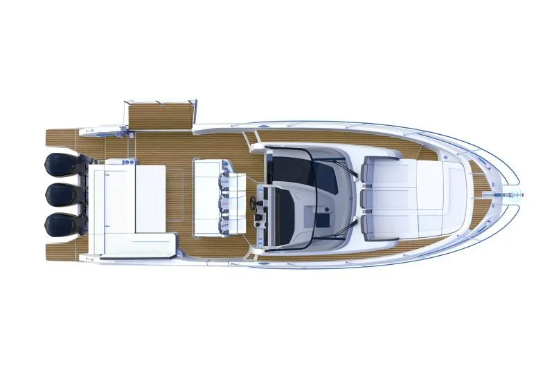 Slide: The Image of 2024 Jeanneau Leader 12.5 WA top view, showcasing spacious deck and triple outboard engines. - 24