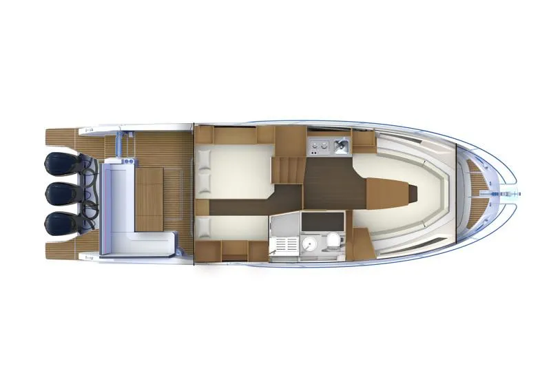 Slide: The Image of 2024 Jeanneau Leader 12.5 WA boat layout with triple engines and spacious interior design. - 25