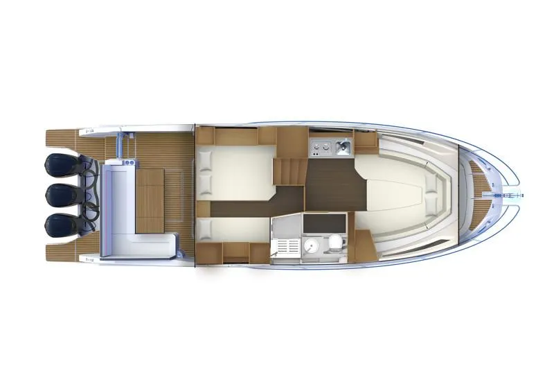 Slide: The Image of 2024 Jeanneau Leader 12.5 WA boat layout, featuring triple engines and spacious interior design. - 26