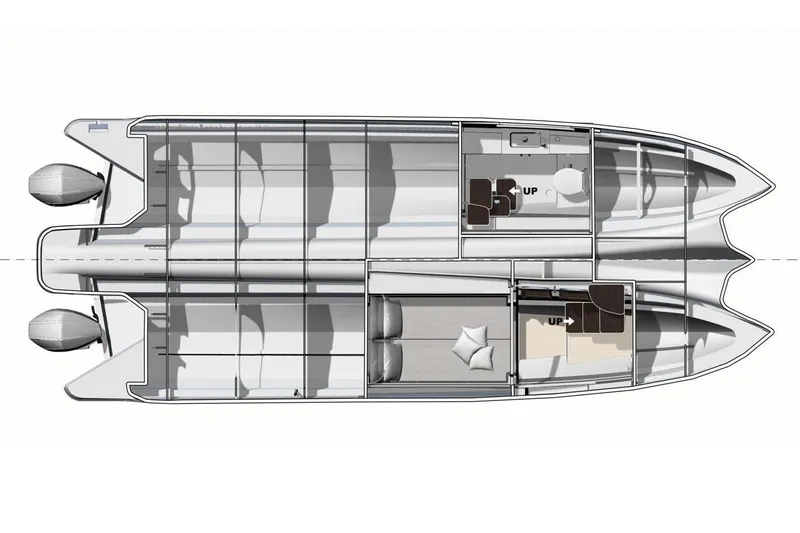 Slide: The Image of Manufacturer Provided Image: Top view layout of 2026 Jeanneau TH33 boat, featuring dual engines and interior spaces. - 15