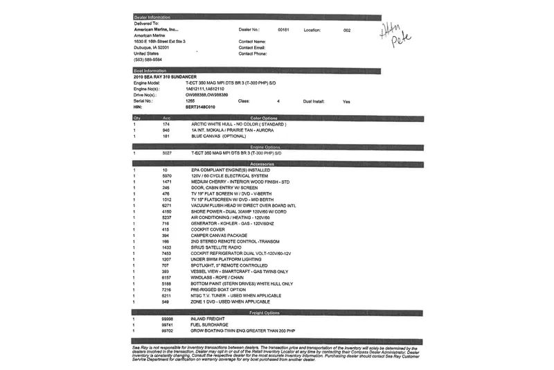 Slide: The Image of 2010 Sea Ray Sundancer 310 specifications and accessories list, including engine and color options. - 12