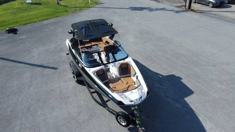 Slide: The Image of 2018 Scarab 255 ID Wake Ed boat on trailer, aerial view. - 5