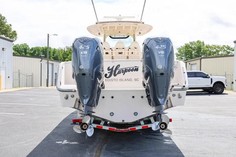 Slide: The Image of 2020 Grady-White Canyon 336 boat with twin Yamaha 425 V8 engines, parked outdoors. - 4