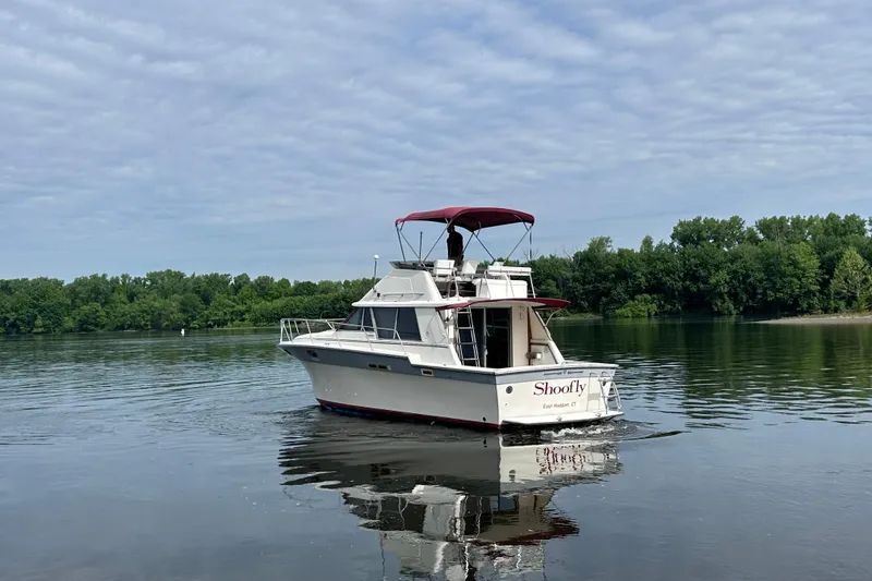 Slide: The Image of 1988 Silverton 34 Convertible boat cruising on a calm lake with lush green shoreline. - 6