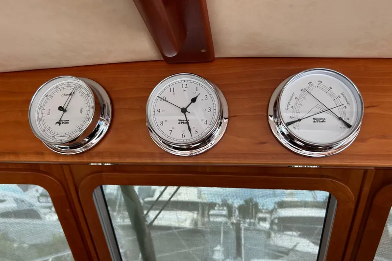Slide: The Image of Gauges on 2016 Sabre 42 Salon Express yacht dashboard, displaying time, barometer, and temperature. - 4
