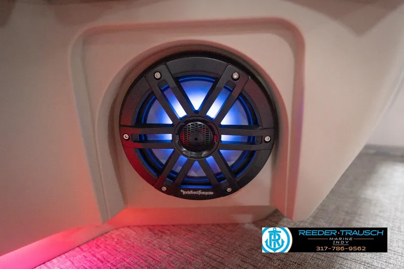 Slide: The Image of Illuminated speaker on 2026 Bennington 22 ML boat, featuring Rockford Fosgate audio system. - 57