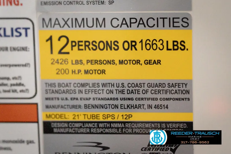 Slide: The Image of 2026 Bennington 22 ML capacity label: 12 persons or 1663 lbs, 200 HP motor. - 69