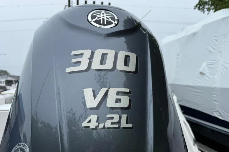 Slide: The Image of Outboard motor with 300 V6 4.2L engine on a 2023 Solara S-250 DC boat. - 10