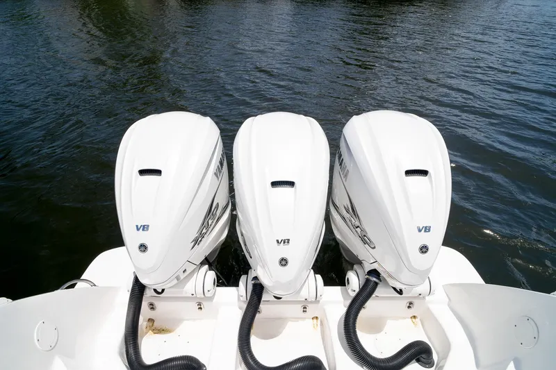 Slide: The Image of Triple Yamaha V8 engines on a 2021 Intrepid 400 Center Console boat. - 15