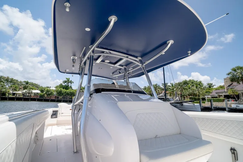Slide: The Image of 2021 Intrepid 400 Center Console boat with sleek design and spacious seating. - 28