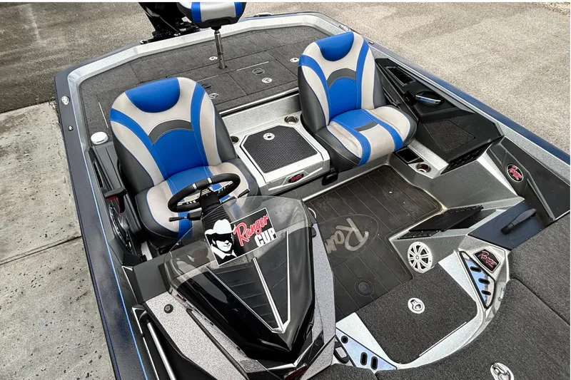 Slide: The Image of 2019 Ranger Z520L boat interior with blue and gray seats, steering wheel, and console. - 8