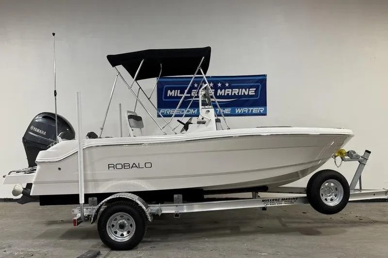 The Image of 2026 Robalo R160 Center Console boat on trailer. - 0