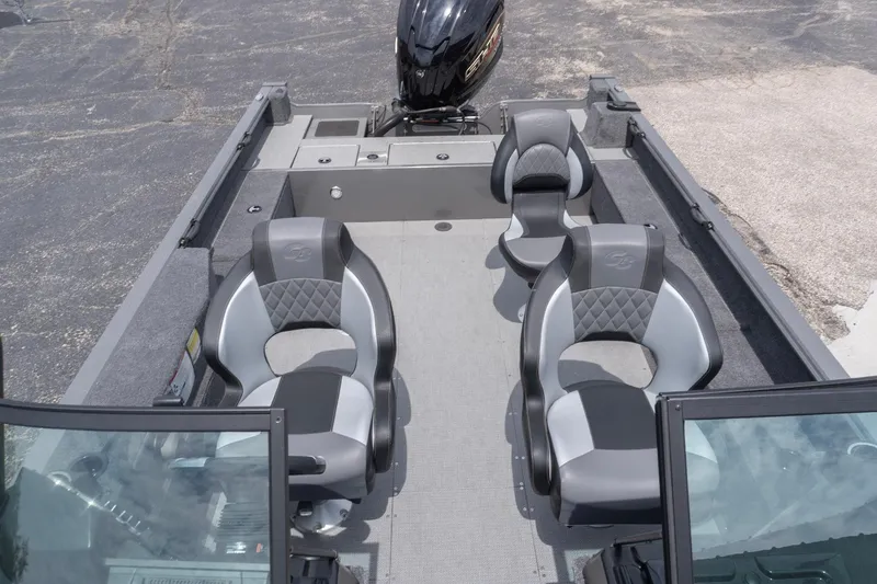 Slide: The Image of 2026 G3 Angler V21 F boat interior with four cushioned seats and motor. - 20
