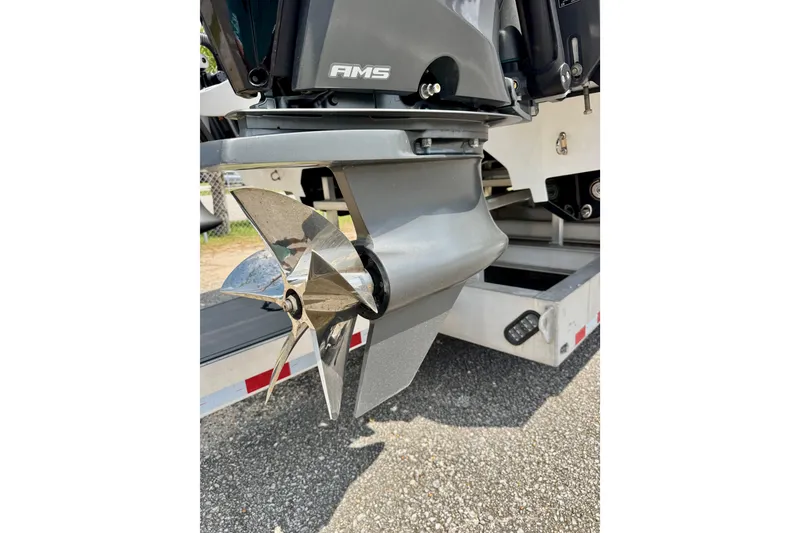 Slide: The Image of Close-up of a 2024 Fountain 34 Thundercat boat propeller on a trailer. - 7