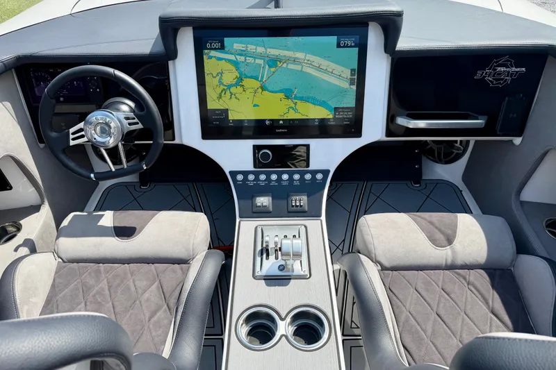 Slide: The Image of 2024 Fountain 34 Thundercat boat cockpit with advanced navigation display and luxurious seating. - 46