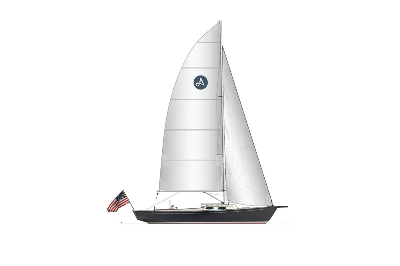 Slide: The Image of 2015 Alerion Sport 30 sailboat with American flag, sleek design, white sails. - 2