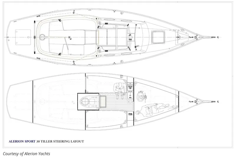 Slide: The Image of Alerion Sport 30 sailboat layout, 2015 model, showcasing tiller steering design. - 3