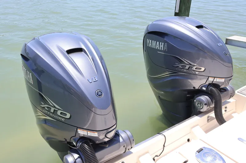 Slide: The Image of Twin Yamaha XTO Offshore V8 engines on a 2021 Grady-White Canyon 336 boat. - 21